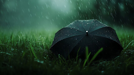 Aufkleber - A black umbrella is open in the rain and water droplets fall from it onto green grass
