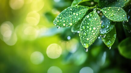 Poster - Dewy Green Leaves with a Blurred Background