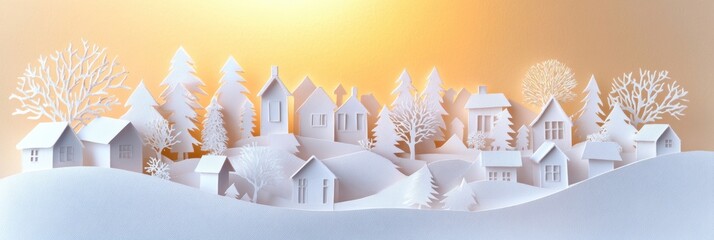 Aufkleber - This intricate paper-cut village features charming houses and snowy trees, beautifully illuminated by a golden sunset. Generative AI