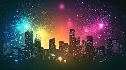 Poster - A vibrant city skyline sparkles under a night sky as colorful fireworks burst and light up the horizon in celebration. Generative AI