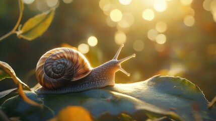 Poster - Snail on a Leaf in the Golden Sunlight