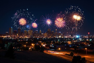Poster - Colorful fireworks burst in the night sky above a sparkling city skyline, creating a festive atmosphere filled with excitement and joy. Generative AI