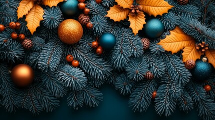 Wall Mural -  Festive Christmas background with colorful ornaments, pinecones, and fir branches for holiday celebration themes