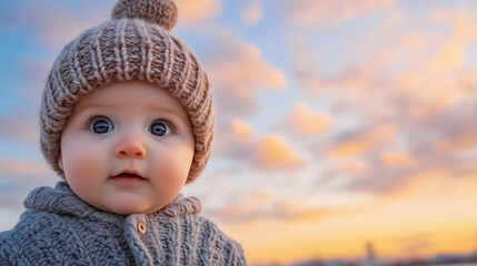 Wall Mural - A curious baby wearing a cozy knitted hat and sweater gazes intently, framed by a vibrant pastel sunset sky with soft orange and pink clouds blending into the horizon