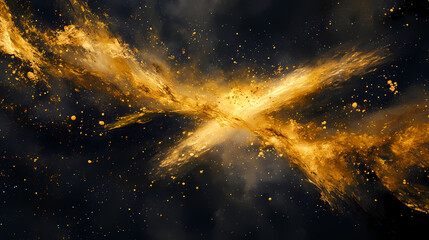 Gold explosion in galaxy dust particle nebula cosmic matter on dark background light in center. Nebula. Illustration