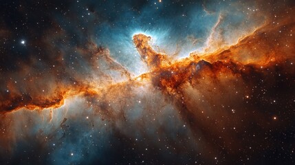 Wall Mural - A vibrant nebula glows with orange, blue, and white light against a dark background of stars.