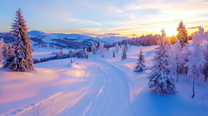 Wall Mural - serene winter landscape featuring snow covered hills, evergreen trees, and winding path. soft sunlight creates magical atmosphere, perfect for snowmobile adventure