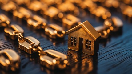 Aufkleber - A small golden house model is positioned near a series of metallic chains, illustrating the connection between real estate and technology. This visual reflects modern trends and digital integration.
