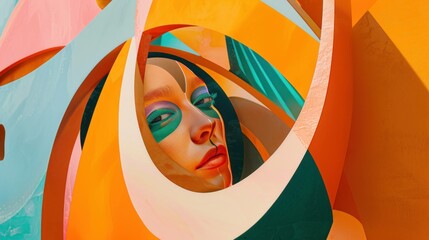 Wall Mural - Abstract portrait of a young woman with colorful makeup, surrounded by swirling shapes and vibrant colors, representing creativity and artistic expression.