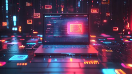 Laptop with glowing CPU on a digital background.