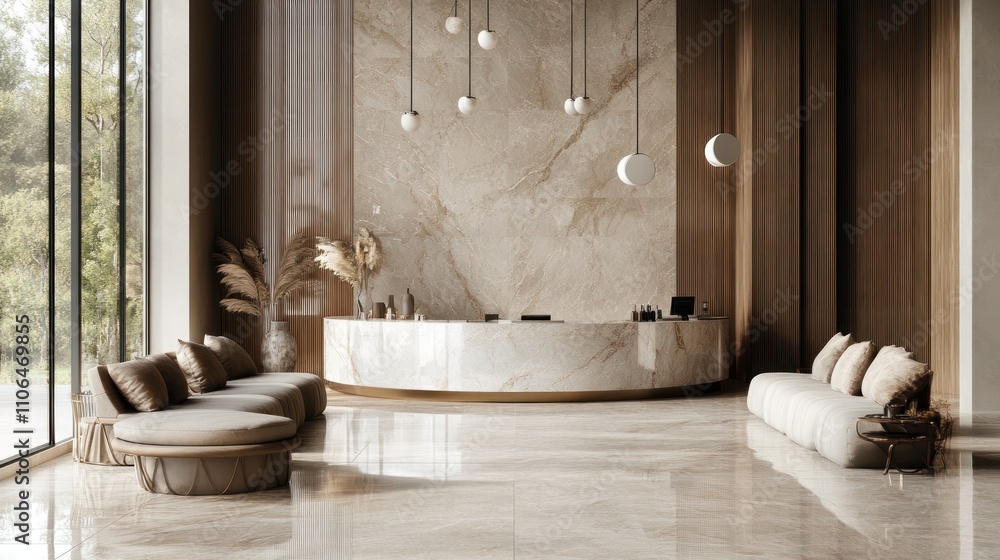 Modern luxury hotel lobby with marble reception desk and lounge seating ...