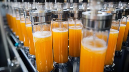 Aufkleber - Bottles on a production line are being filled with fresh orange juice in a well-lit facility. This efficient process showcases modern technology in beverage manufacturing during the early hours.