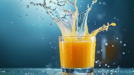 Poster - A dynamic moment captures juice splashing dramatically from a glass, illuminated by bright ambient light. The refreshing orange liquid contrasts beautifully with the cool background.