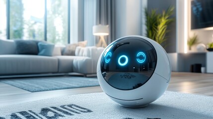 Aufkleber - A futuristic AI robot is integrated into a stylish living area, enhancing real estate experiences.