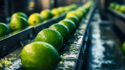 Poster - Glistening limes roll along a conveyor belt in a juice production facility. Workers nearby ensure the fruit is sorted and prepared for juicing, showcasing the efficiency of the industrial process.