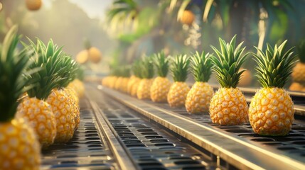 Poster - A conveyor belt loaded with freshly harvested pineapples is seen in a vibrant tropical environment. The process of juice making highlights the abundance of ripe fruit under bright sunlight.
