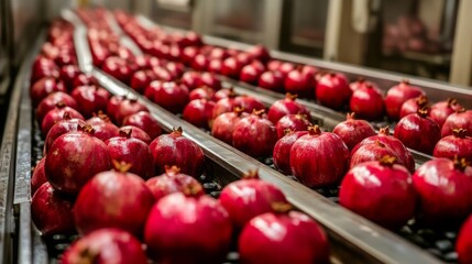 Poster - Rows of vibrant red pomegranates are moving along a conveyor belt in a juice production facility as they undergo sorting and preparation for extraction. The setting is bright and busy.