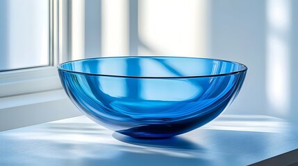 Wall Mural - A blue bowl sits on a table in front of a window