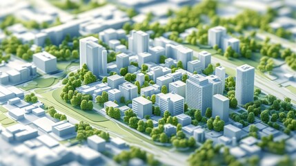 Aufkleber - A detailed architectural model illustrates a contemporary urban development. The layout features residential and commercial buildings surrounded by lush greenery and urban planning elements.
