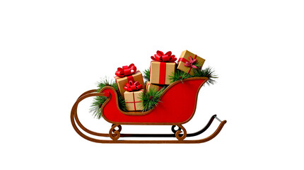 Christmas sleigh adorned with pine branches and gifts in gold and red wrapping.