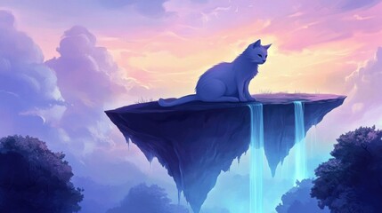  A mystical cat sits on a floating island with cascading waterfalls at sunset, AI