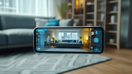 Fototapete - A smartphone app screen displays a smart home technology interface, featuring an augmented reality (AR) view of internet of things (IoT) connected objects within the apartment interior