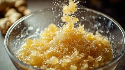 Poster - In a kitchen setting, chunks of ginger are being transformed into a natural juice mix. The process showcases fresh ingredients blending together to create a healthy drink option.