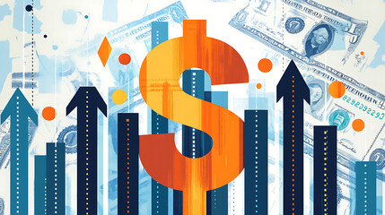 Poster - An illustration symbolizing financial success and profit growth, featuring a bold dollar sign with upward-pointing arrows, representing a positive trend in revenue and investments