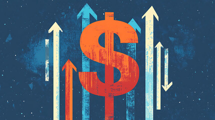 Aufkleber - An illustration symbolizing financial success and profit growth, featuring a bold dollar sign with upward-pointing arrows, representing a positive trend in revenue and investments