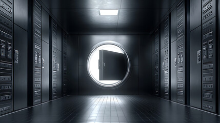 Leinwandbilder - Bank deposit lockers with closed steel doors and a black open safe box with white light inside have an angle view, Interior room in vault for money storage, secure banking service concept