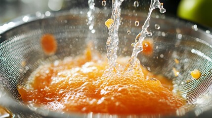 Poster - Slices of fruit are being mashed and strained to extract juice using a fine mesh strainer, while water pours over the mixture in a vibrant kitchen filled with natural light.