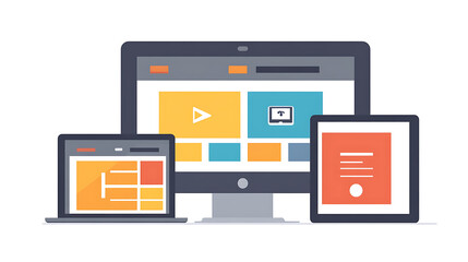 Poster - Creating a responsive website for multiple platforms, displaying mobile interfaces on laptop, tablet, and smartphone screens, showcasing web technology through content layout
