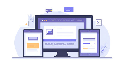 Poster - Creating a responsive website for multiple platforms, displaying mobile interfaces on laptop, tablet, and smartphone screens, showcasing web technology through content layout