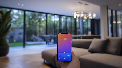 Leinwandbilder - A mobile phone displaying a smart home app within a modern living room setting