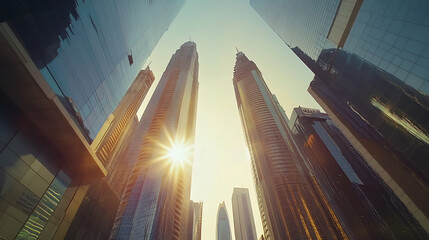 Poster - A scenic view captured from the bottom of modern skyscrapers in a bustling business district during the evening light at sunset, The image includes a lens flare filter effect for added ambiance