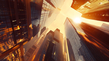 Poster - A scenic view captured from the bottom of modern skyscrapers in a bustling business district during the evening light at sunset, The image includes a lens flare filter effect for added ambiance