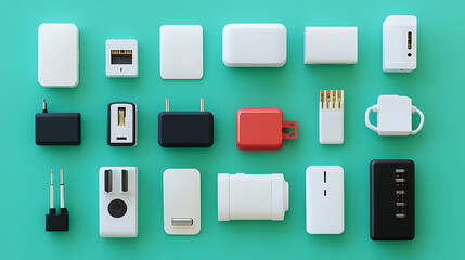 Poster - Various types of universal travel adapters, isolated