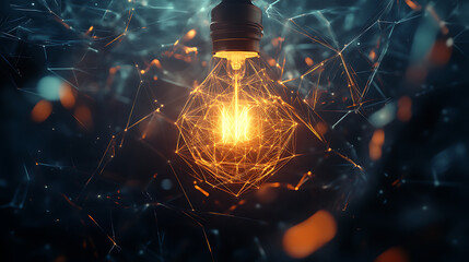 Leinwandbilder - Using polygonal lines to create a bright light in an incandescent lamp on a dark background represents creativity, innovation, and technology
