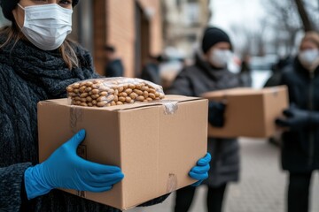 Wall Mural - Volunteers distribute food packages to those in need, showcasing compassion and solidarity during challenging times, emphasizing the importance of community support.