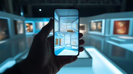 Leinwandbilder - An augmented reality marketing concept for architecture, where a hand holds a smartphone using an AR application to project 3D popup interactive room maps to life