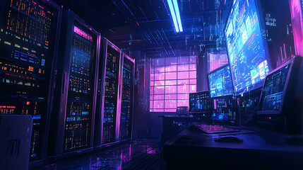 A 3D illustration of a server room with node-based programming and data design elements, representing the concept of big data storage and cloud computing technology