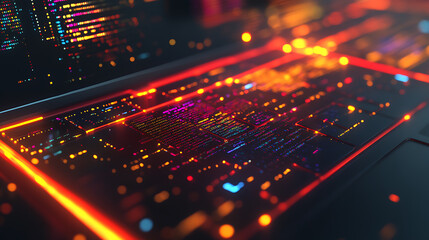 Leinwandbilder - A background image illustrating the laptop concept technology, accompanied by a business graph and data analysis process, It reflects coding for future communication network software development