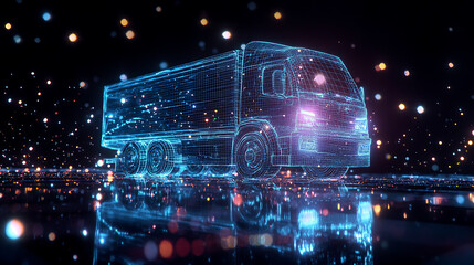 Poster - Digital representation in 3D, a wireframe depiction of a moving truck illuminated by neon lights, accompanied by shimmering dots, set against a black backdrop with a blurred reflection on the floor