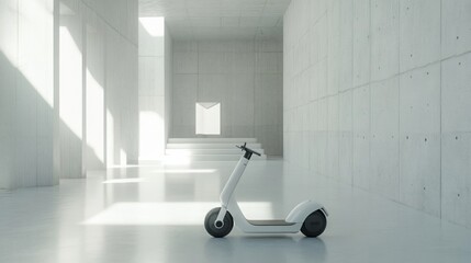 Poster - A sleek electric scooter stands prominently in a spacious, contemporary environment characterized by smooth concrete walls and abundant natural light. The design exudes simplicity and modernity.