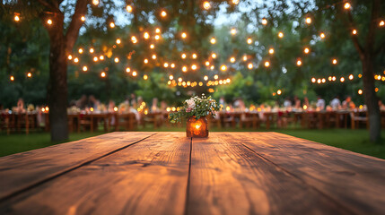 Aufkleber - Empty wooden table with party in garden background blurred