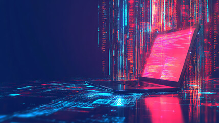 Poster - A background image illustrating the laptop concept technology, accompanied by a business graph and data analysis process, It reflects coding for future communication network software development