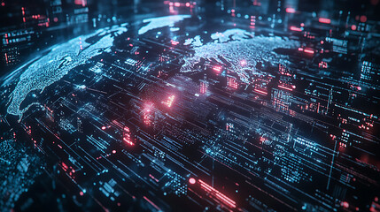 Poster - Global digital network connections Futuristic world map visualization Concept of global communication
