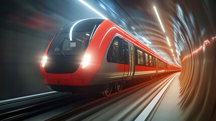 Poster - A concept of modern metro underground transport and high-speed connection depicted with a subway tunnel, blurred light tracks, and an arriving train in the opposite direction