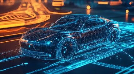 Fototapete - A futuristic car depicted alongside a wireframe intersection, set within a digital user interface environment, (3D Illustration)
