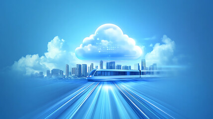 Poster - Cloud computing with a speeding train on a city background